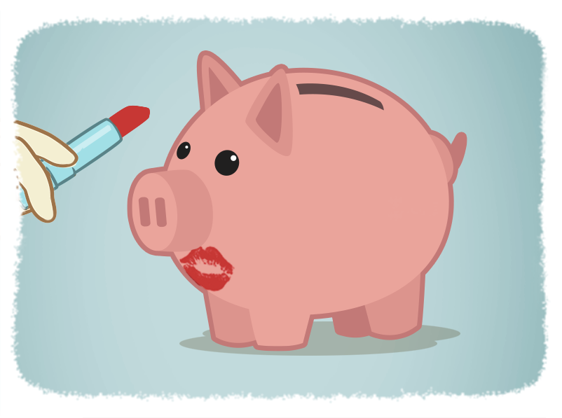 Hand applying lipstick to a piggy bank