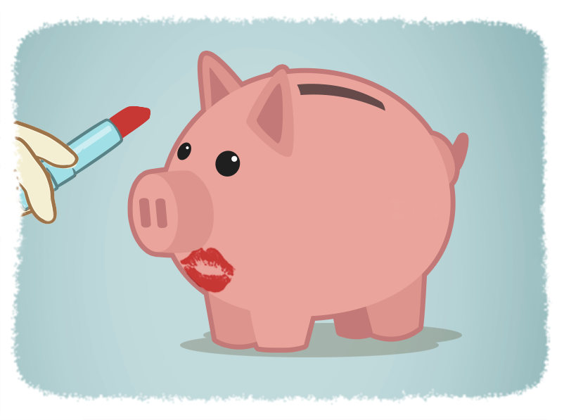 Person putting lipstick on a piggy bank